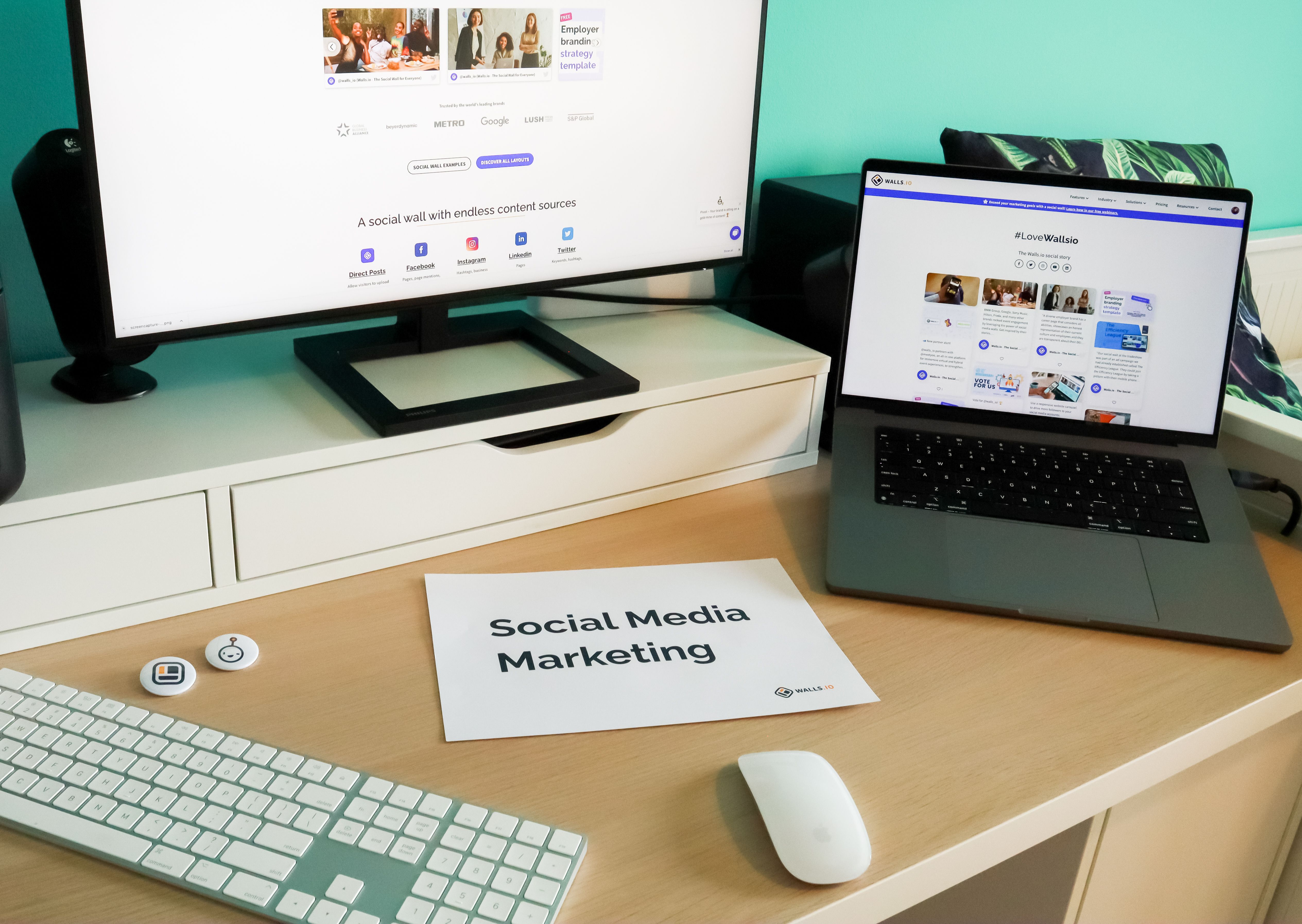 Modern workspace with laptop and monitor used for managing digital PR and online presence