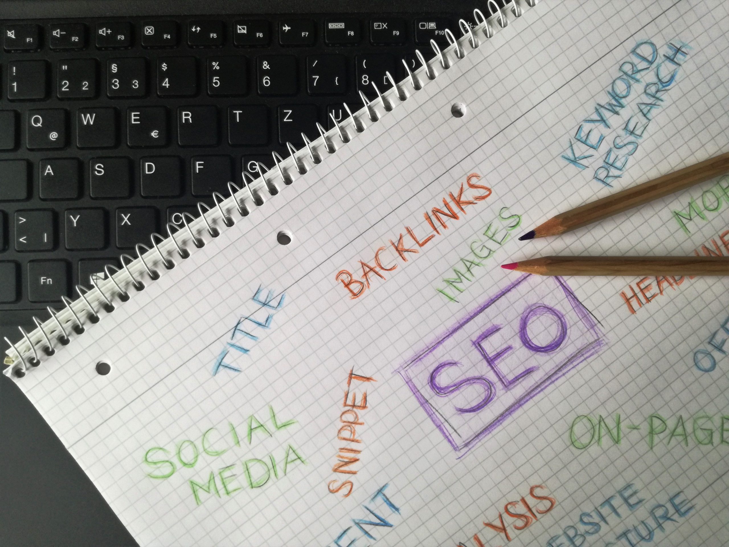 Notebook with handwritten SEO terms and keywords illustrating link building and backlink strategy